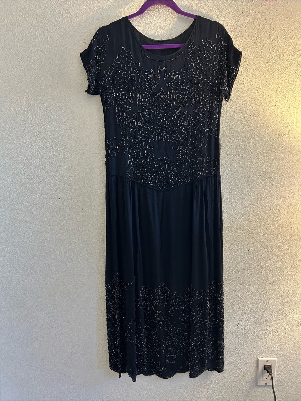 Vintage Black Hand Beaded Evening Maxi Dress Art Deco Gatsby AS IS